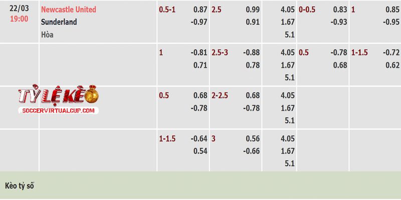 Tỷ lệ kèo trận Newcastle vs Sunderland